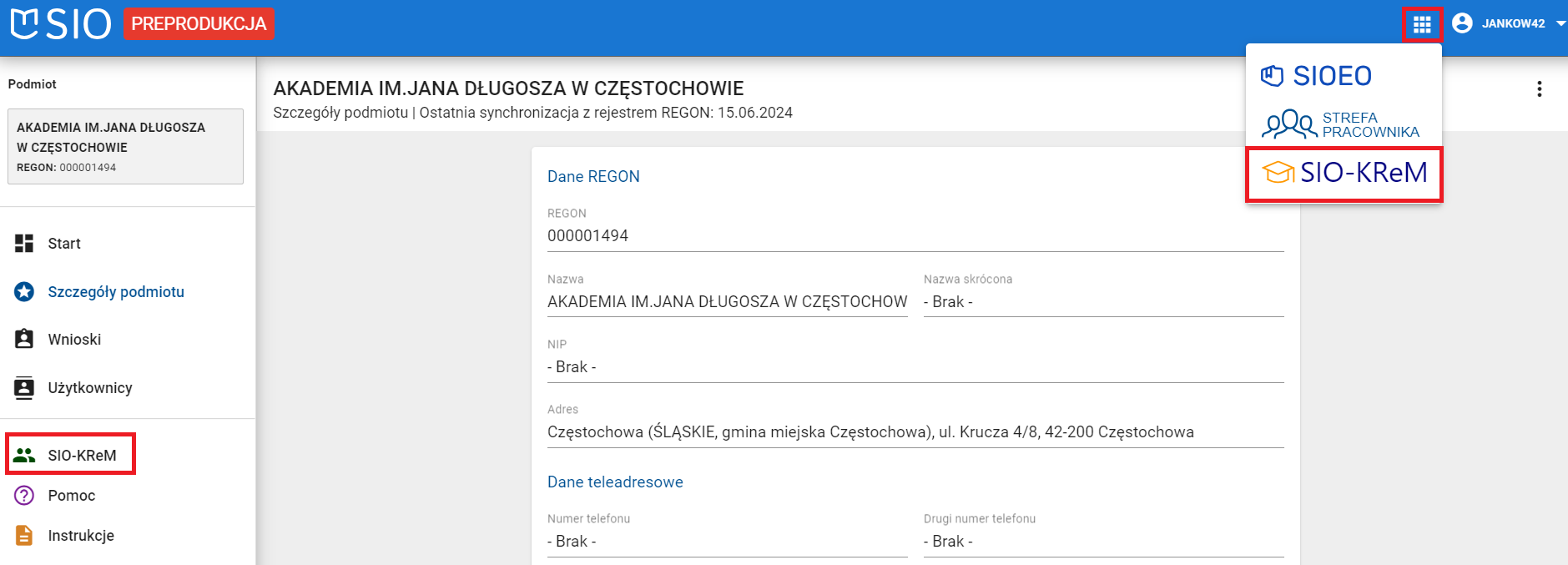 widok na zaznaczone przejście do systemu SIO-KReM