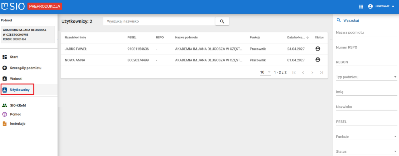 widok zakładki użytkownicy