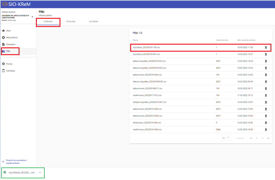 okno z widokiem na moduł pliki i widoczną listą plików 