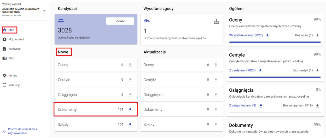 okno z widokiem na moduł Start z oznaczoną sekcją Nowe i wierszem dokumenty