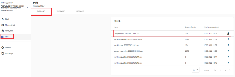okno z widokiem na moduł pliki z oznaczoną zakładką pobrane