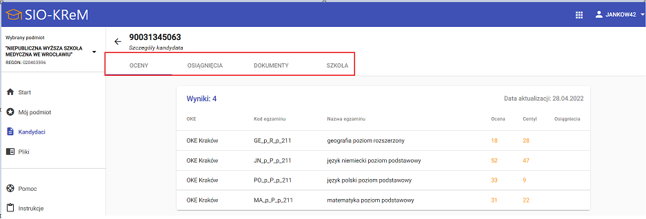 okno z widokiem na moduł Kandydaci