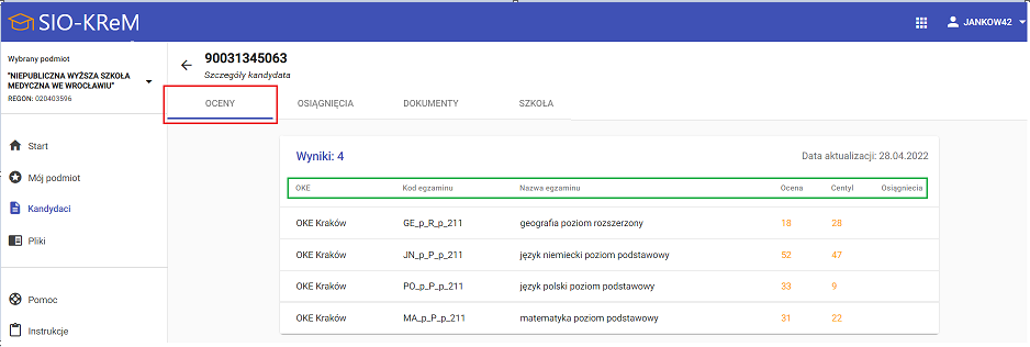 okno z widokiem na zakładkę Oceny