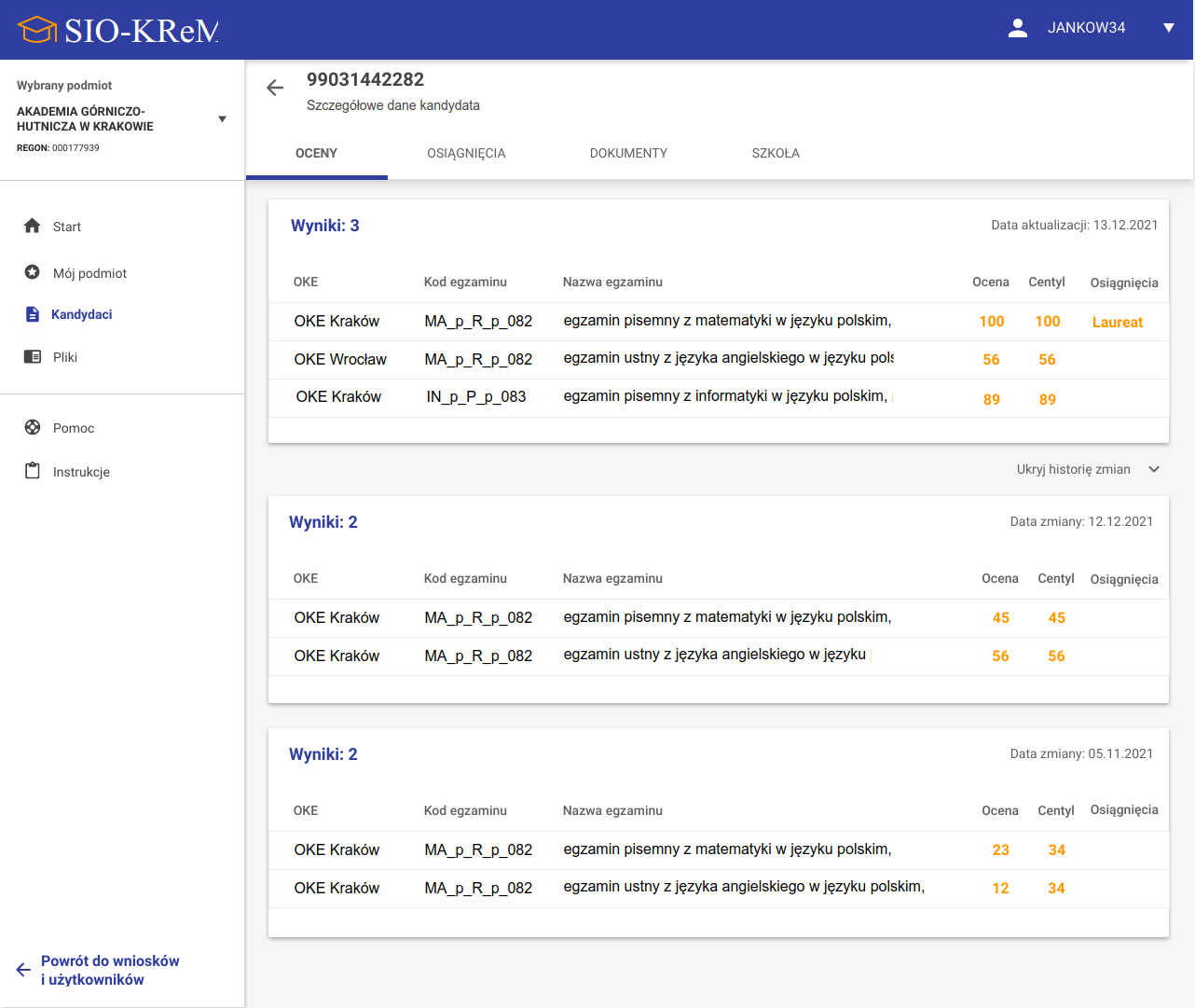 okno z widokiem na zakładkę Oceny