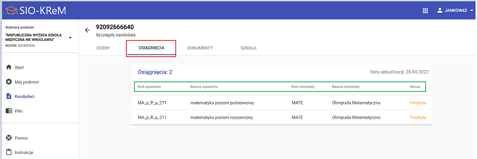 okno z widokiem na zakładkę osiągniecia