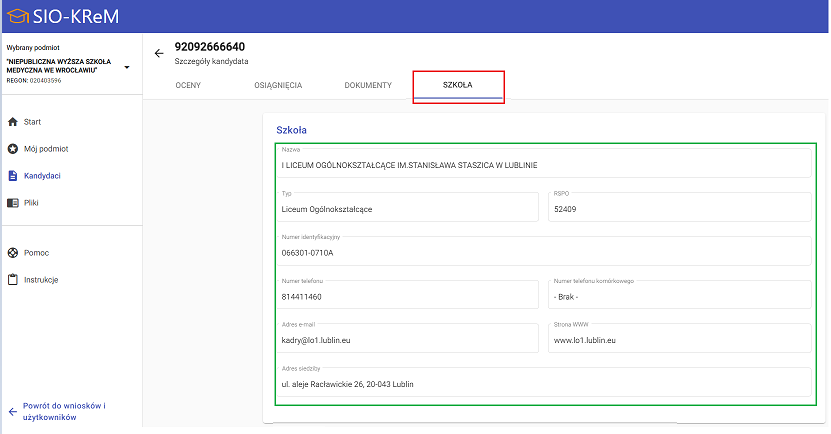 okno z widokiem na zakładkę Szkoła