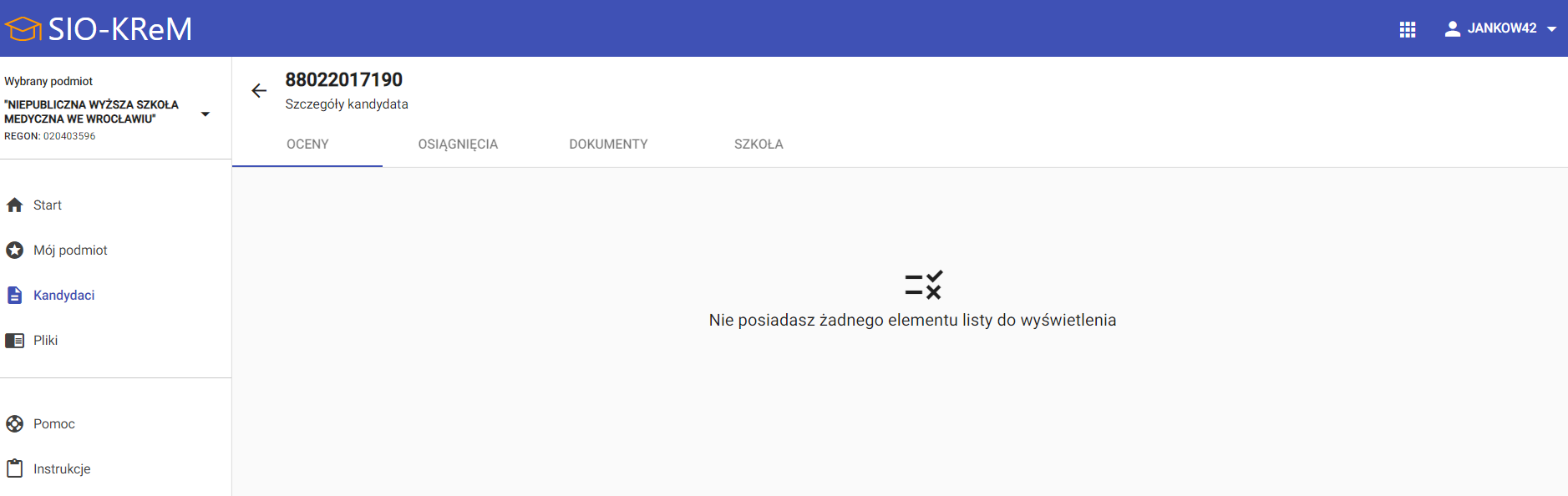 okno z widokiem na dane Kandydata