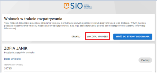 zaznaczona opcja wycofaj wniosek