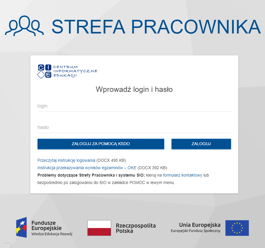 Okno logowania do Strefy pracownika z widokiem na pola do wypełnienia - login i hasło oraz przycisk zaloguj za pomocą KSDO