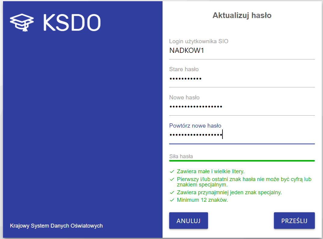 okno z widokiem na wiersze Aktualizuj hasło 