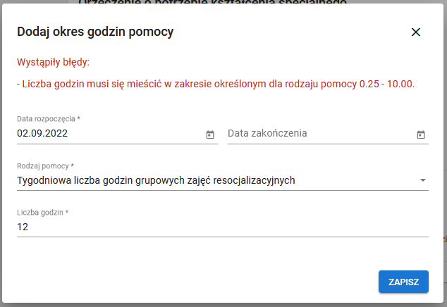 szczegóły rodzaju i liczby godzin pomocy