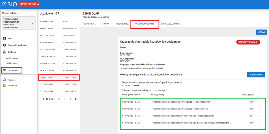 widok wprowadzonych godzin pomocy