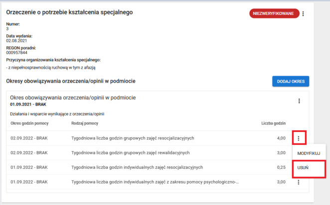 formularz z możliwością usunięcia danych godzin pomocy