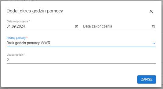 okno z danymi do wykazania rodzaju pomocy
