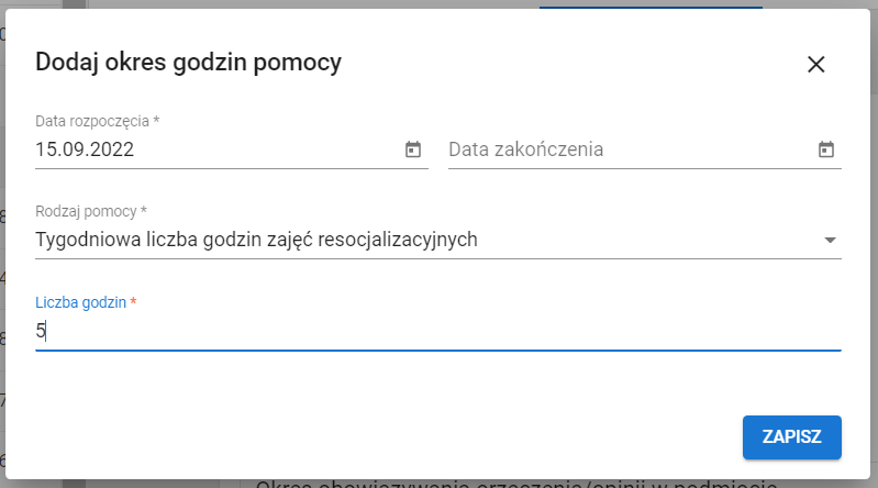 okno z widokiem na dodaj okres godzin pracy