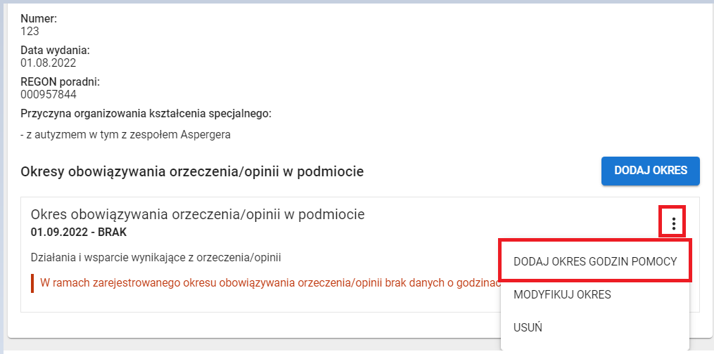 okno z widokiem na możliwość dodania okresu godzin pomocy
