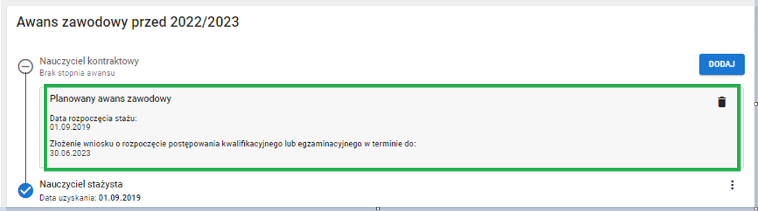 okno z widokiem na planowany awans zawodowy w sekcji awans przed 2022/2023