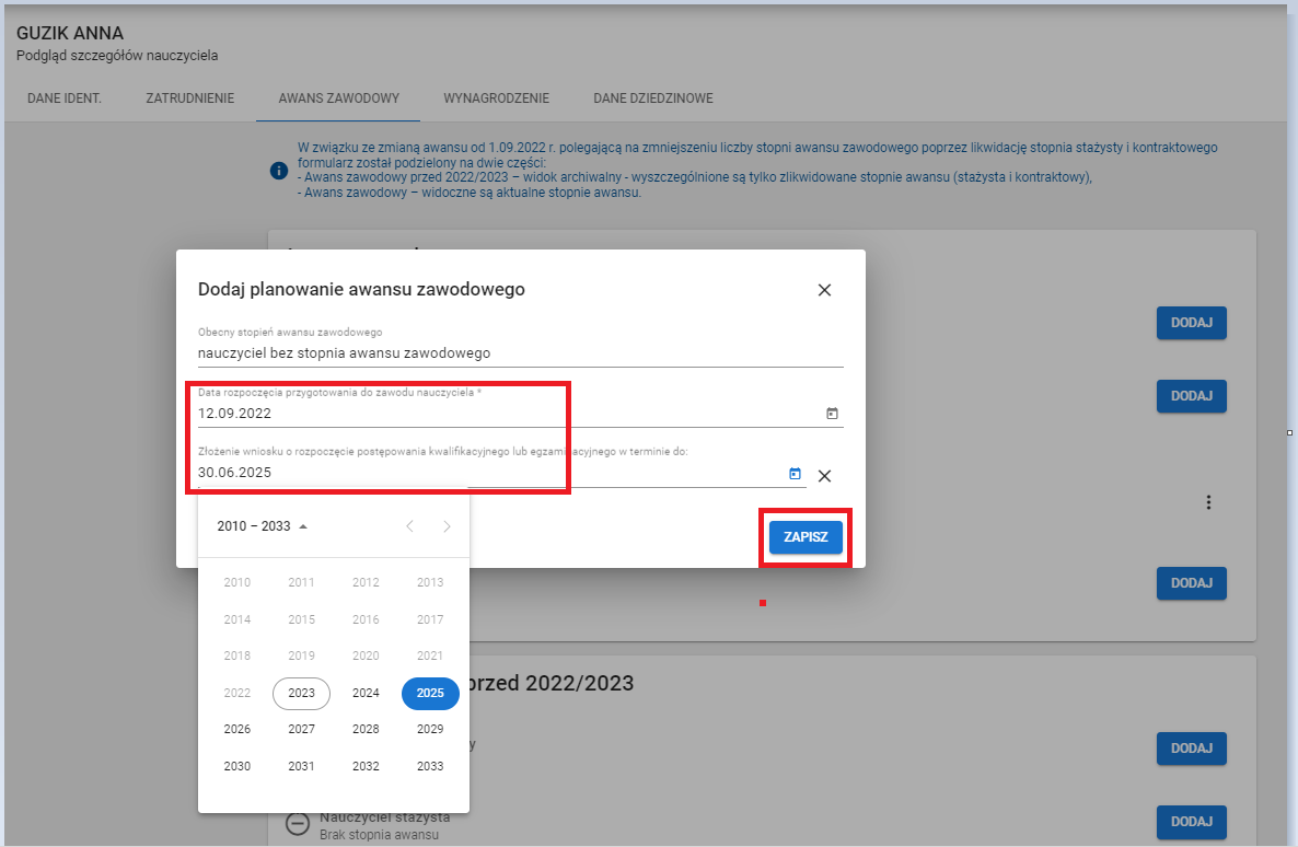 okno z widokiem na wprowadzone daty planowania awansu