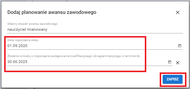 okno z widokiem na wprowadzone daty w planowany awans