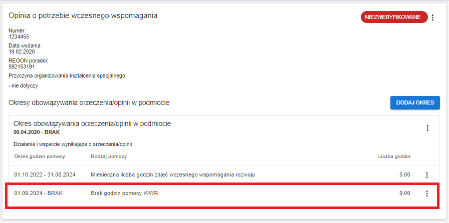 widok na zapisane dane braku godzin pomocy