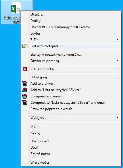 okno z listą z oznaczeniem edit with notepad ++