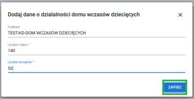 formularz dodaj dane o działalności domu wczasów dziecięcych