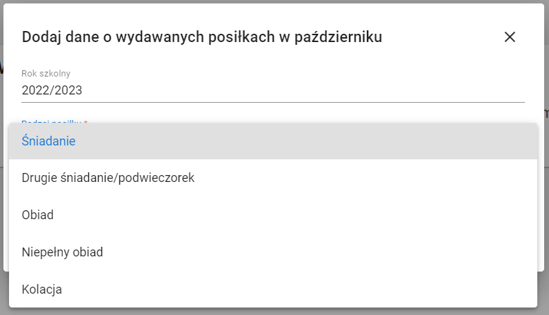 formularz dodaj dane o wydawanych posiłkach w październiku z rozwinięta listą rodzajów posiłków