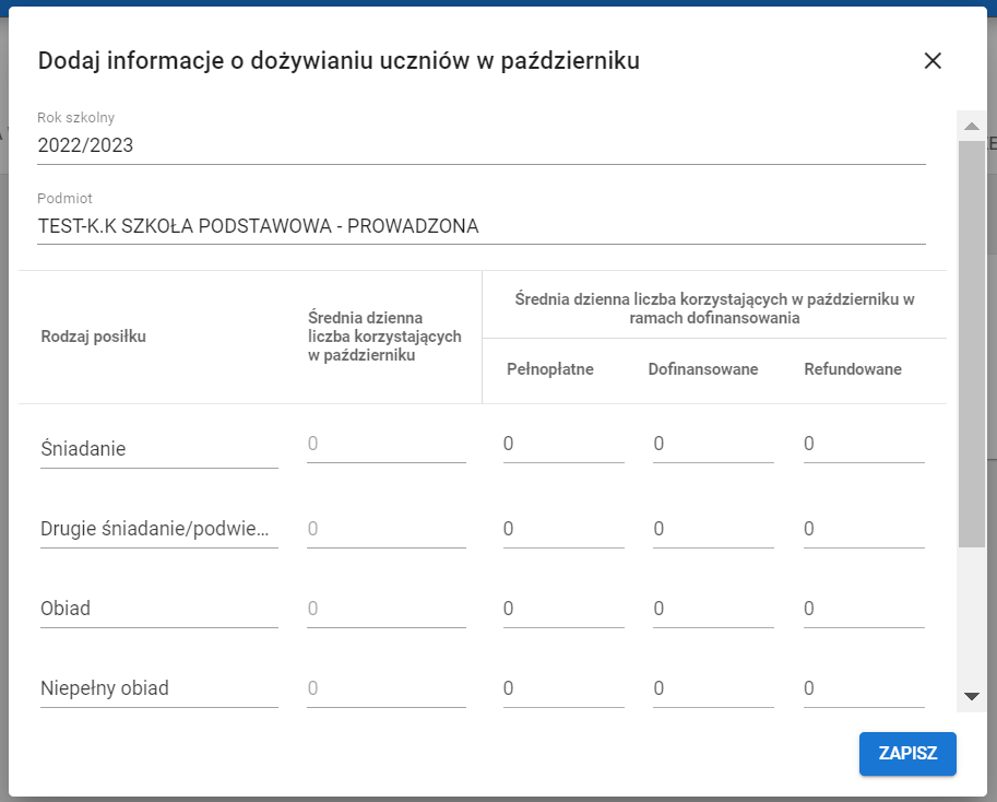 formularz dodaj informacje o dożywianiu uczniów w październiku