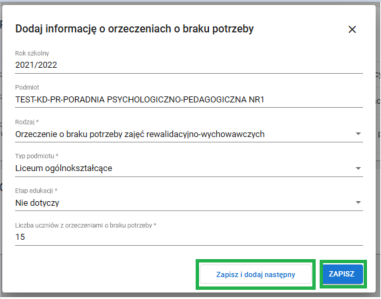 formularz dodaj informację o orzeczeniach o braku potrzeby