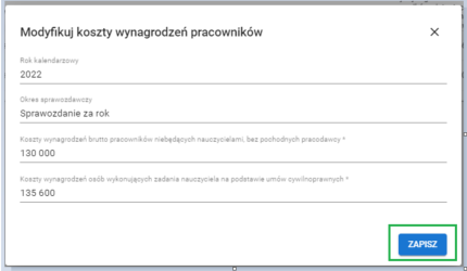 formularz modyfikuj koszty wynagrodzeń pracowników
