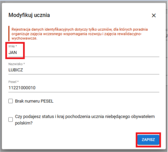 Obraz zawierający dane ucznia po zmianie 