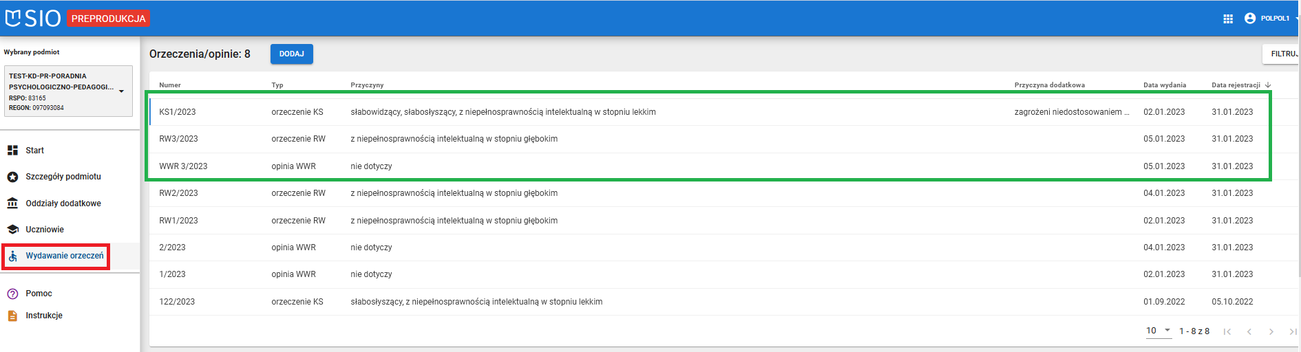 Obraz zawierający zapisane dane dotyczące wydanych orzeczeń oraz opinii