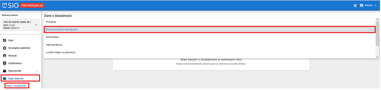 okno dane o działalności domów wczasów dziecięcych z zaznaczoną możliwością wyboru roku szkolnego