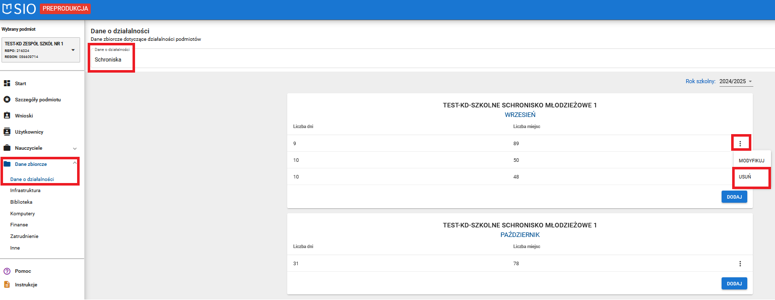okno dane o działalności schroniska z zaznaczoną możliwością usunięcia