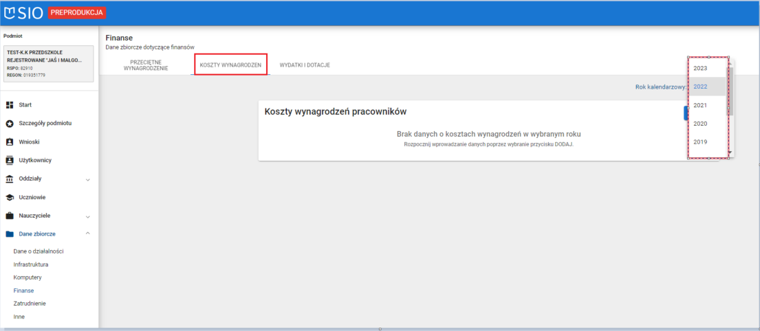 okno dane zbiorcze finanse koszty wynagrodzeń z zaznaczoną możliwością wyboru roku