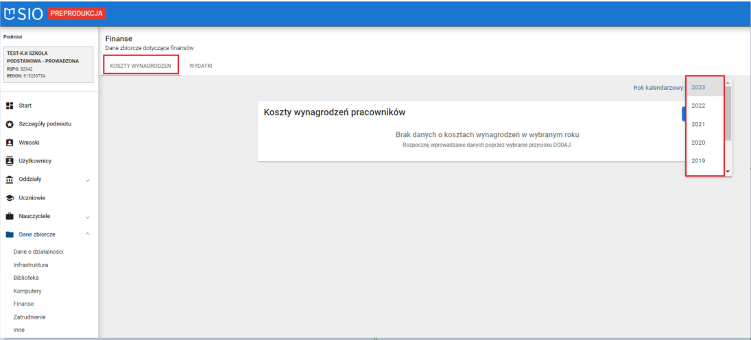 okno dane zbiorcze finanse koszty wynagrodzeń z zaznaczoną możliwością wyboru roku