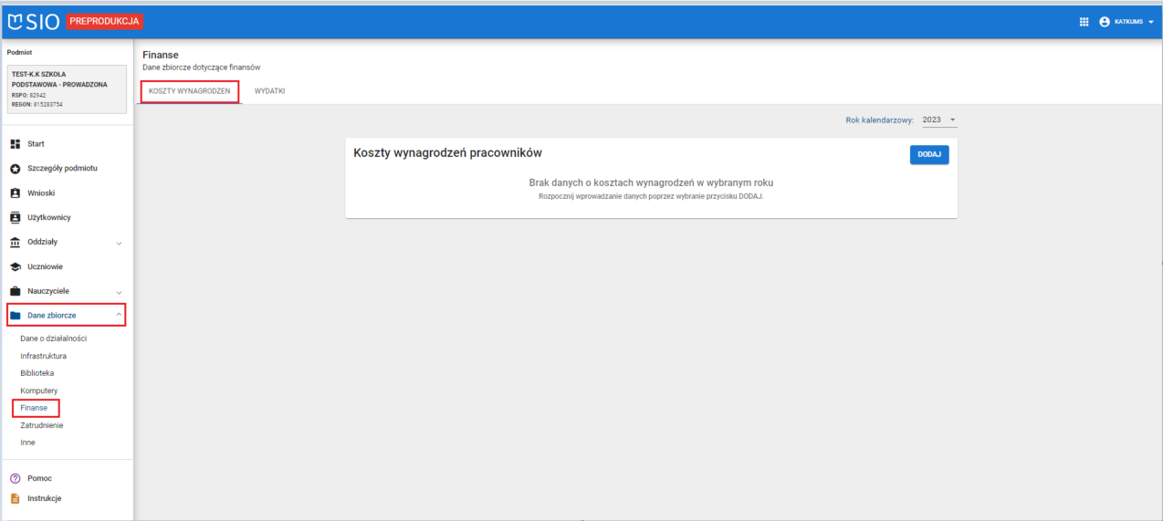 okno dane zbiorcze finanse koszty wynagrodzeń