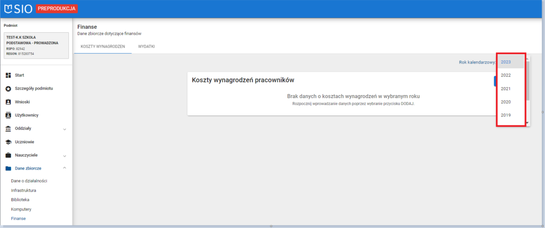 okno dane zbiorcze finanse zakładka koszty wynagrodzeń z możliwością wyboru roku