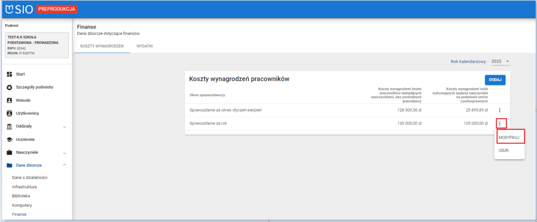 okno dane zbiorcze finanse zakładka koszty wynagrodzeń z możliwością wyboru opcji modyfikacji