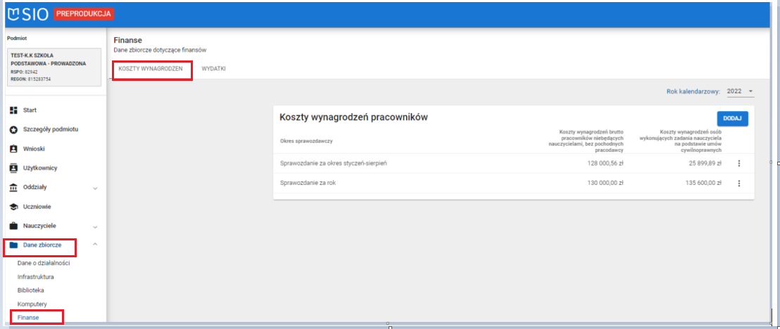 okno dane zbiorcze finanse zakładka koszty wynagrodzeń