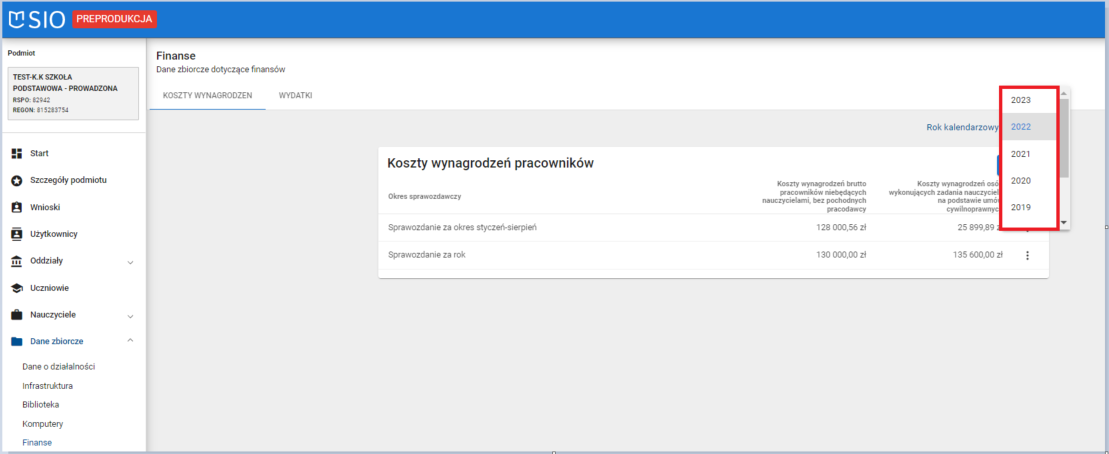 okno dane zbiorcze finanse zakładka koszty wynagrodzeń z możliwością wyboru roku