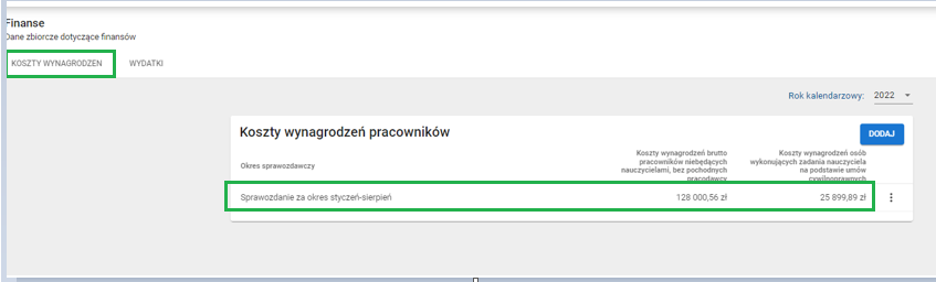 okno dane zbiorcze finanse zakładka koszty wynagrodzeń po usunięciu danych