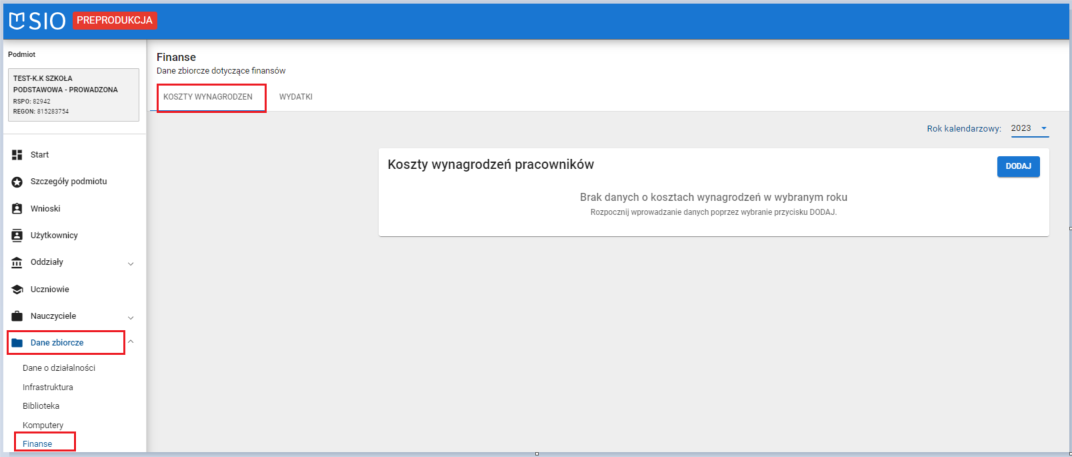 okno dane zbiorcze finanse zakładka koszty wynagrodzeń