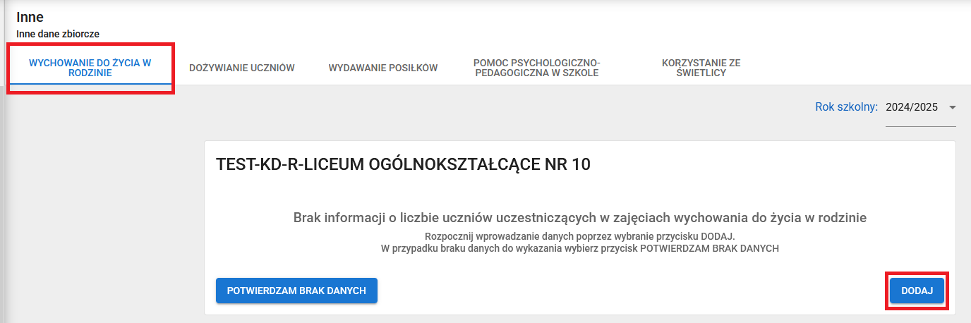 okno dane zbiorcze inne zakładka wychowanie do życia w rodzinie z zaznaczonym przyciskiem dodaj