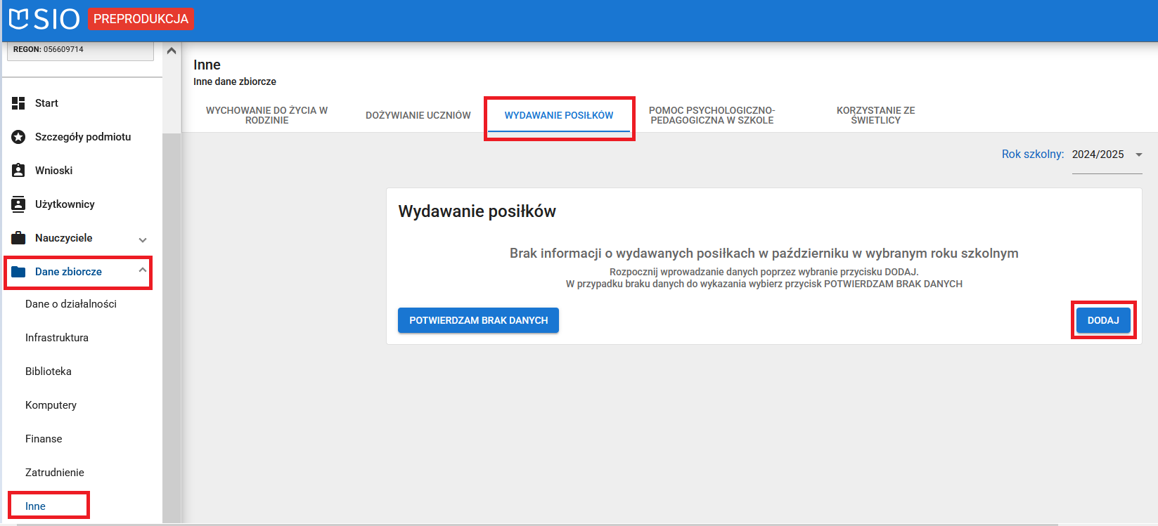 okno dane zbiorcze inne zakładka wydawanie posiłków z oznaczonym przyciskiem dodaj
