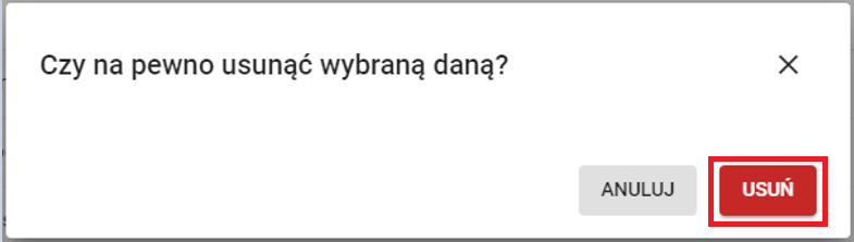 okno do potwierdzenia usunięcia danych
