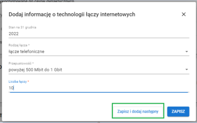 Okno Dodaj informację o technologii łączy internetowych