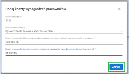 okno dodaj koszty wynagrodzeń pracowników z przykładowo podanymi danymi