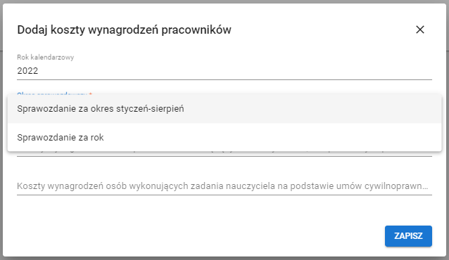 okno dodaj koszty wynagrodzeń pracowników z widoczną listą sprawozdania