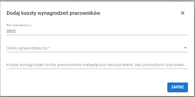 okno dodaj koszty wynagrodzeń pracowników